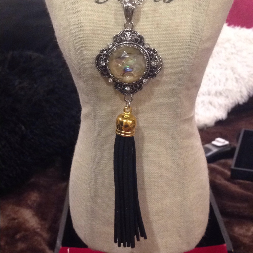 Gorgeous black leather tassel necklace